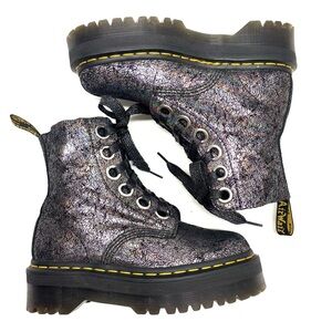 Dr. Martens Molly Metallic Leather Platform Boots Gunmetal Iridescent Crackle